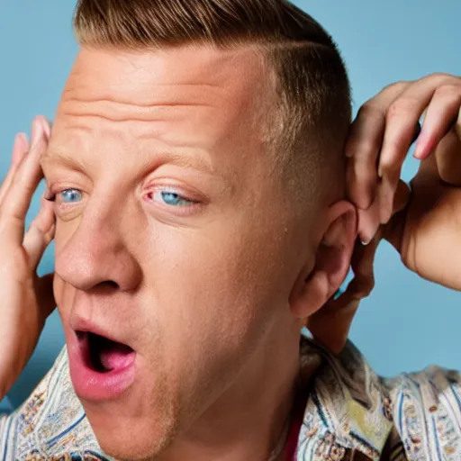 Image similar to Macklemore yelling at Goodwill, head in hands