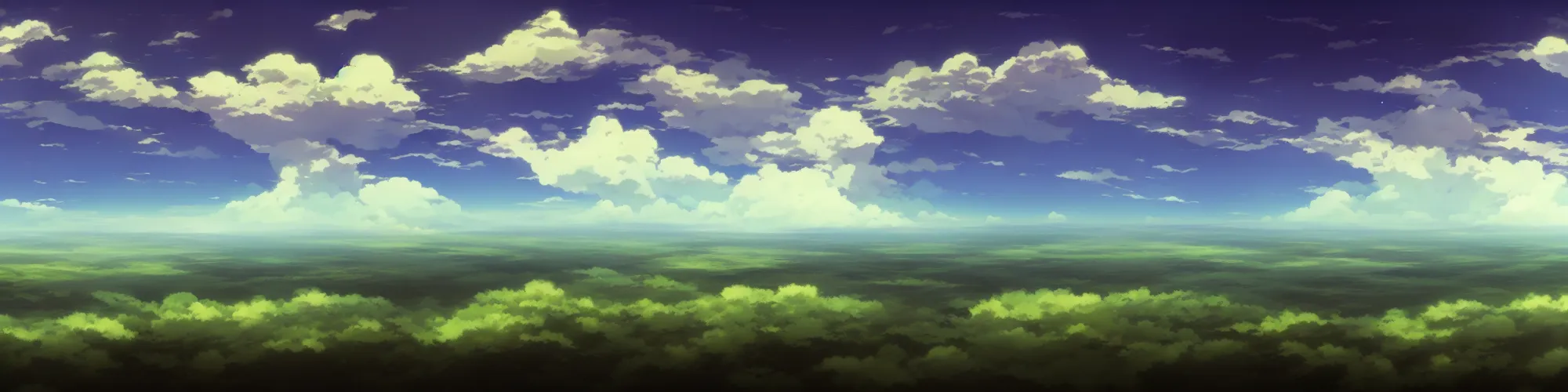 Prompt: panorama view of the sky. matte painting, anime, studio ghibli. professional digital painting, artstation, concept art, smooth, beautiful, cinematic. no mountains and trees.