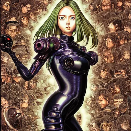 Image similar to portrait of crazy alita, symmetrical, by yoichi hatakenaka, masamune shirow, josan gonzales and dan mumford, ayami kojima, takato yamamoto, barclay shaw, karol bak, yukito kishiro