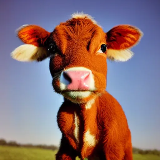 Image similar to very very very very cute chibi baby cow, portrait, pixar style, happy meadow background, cinematic lighting, award winning creature portrait photography