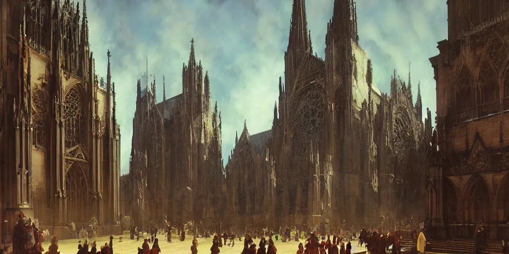 Prompt: sunlit vista, gothic cathedral with a large bell and pipes and tubes coming from it, dieselpunk cathedral, dynamic, painted by ruan jia, lawrence alma tadema, zdzislaw beksinski, norman rockwell, jack kirby, tom lovell, alex malveda, greg staples, hand of fear, bbc, tv