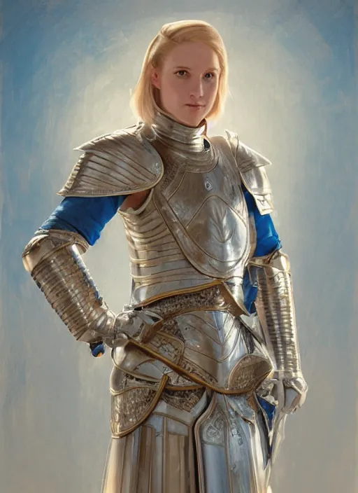 Prompt: medium-length portrait of a female knight with short blonde hair and blue eyes, white skin, stern expression, wears a combination of plate armor and boiled leather, medieval setting, highly detailed, digital painting, artstation, concept art, sharp focus, illustration, art by greg rutkowski and alphonse mucha