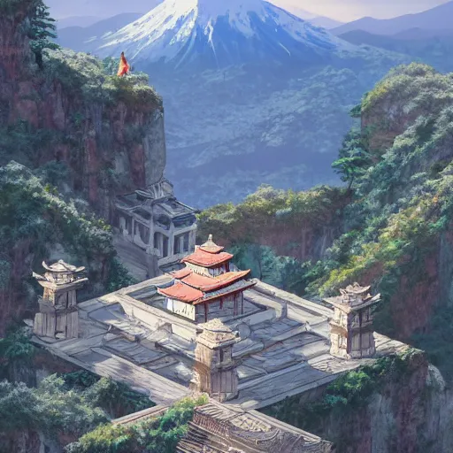 Prompt: concept art painting of a light marble temple on top of a mountain, with greek and japanese architecture, overlooking a valley with a village below, realistic, detailed, cel shaded, in the style of makoto shinkai and greg rutkowski and albert bierstadt and james gurney