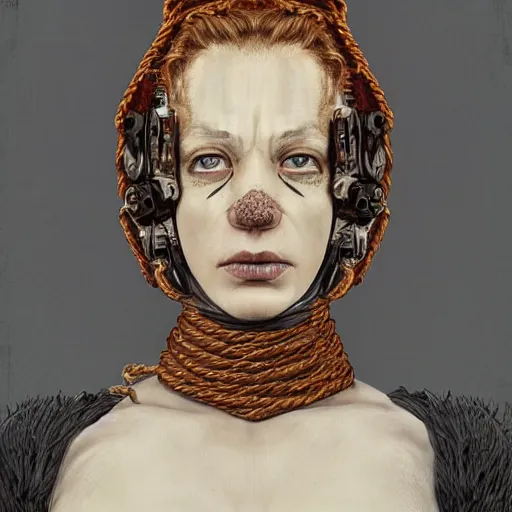 Image similar to portrait of a Shibari rope wrapped face and neck, headshot, insanely nice professional hair style, dramatic hair color, digital painting, of a old 15th century, old cyborg merchant, amber jewels, baroque, ornate clothing, scifi, realistic, hyperdetailed, chiaroscuro, concept art, art by Franz Hals and Jon Foster and Ayami Kojima and Amano and Karol Bak,