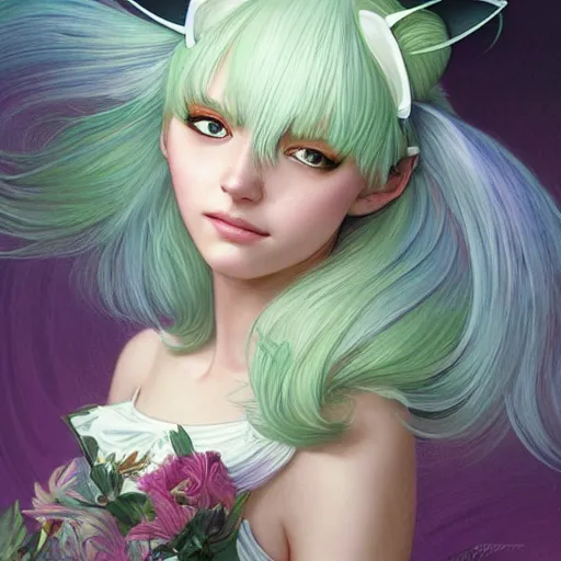 Image similar to ultra realistic illustration, dream girl with white hair, with light green eyes, with cat ears, in a sundress, intricate, elegant, highly detailed, digital painting, artstation, concept art, smooth, sharp focus, illustration, art by artgerm and greg rutkowski and alphonse mucha