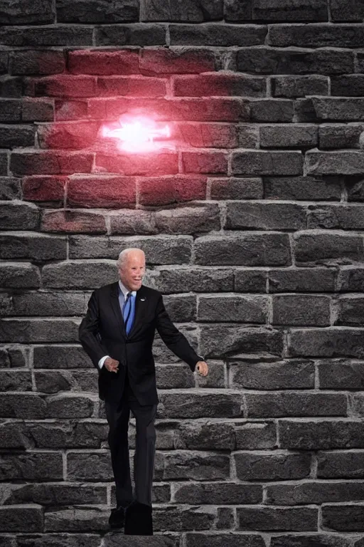 Image similar to biden with glowing red eyes breaking through a brick wall digital art illustration highly detailed lighting from below