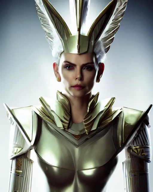 Image similar to perfect white haired attractive egyptian goddess, warframe armor, pharaoh headdress, beautiful, symmetric, dreamy, half asian, pretty face, green eyes, charlize theron, detailed, scifi platform, laboratory, experiment, 4 k, ultra realistic, epic lighting, android body, illuminated, cinematic, masterpiece, art by akihito tsukushi, voidstar