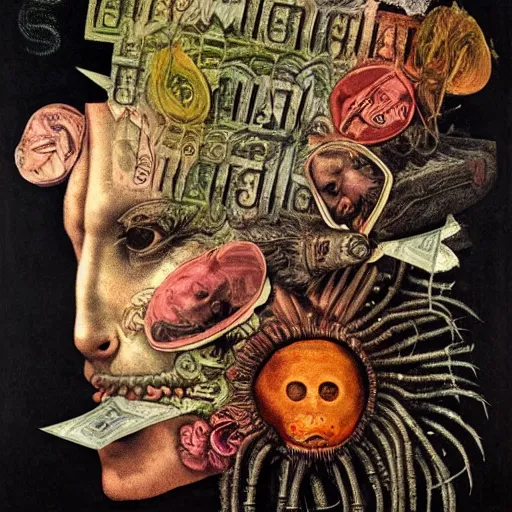 Image similar to post - punk new age album cover, asymmetrical design, dollars, bank notes, magic, apocalypse, psychedelic, black white pink, magic, giger h. r., giuseppe arcimboldo