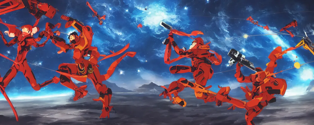 Prompt: fantasy epic monkey gunfight in space, laser guns, anime, evangelion, concept art, 4 k