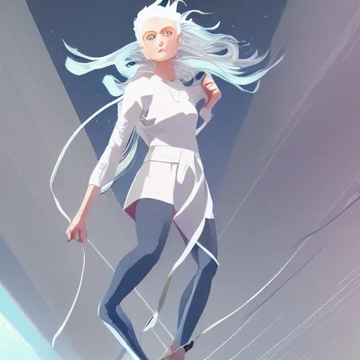 Image similar to vanishing point, white hair eva riding ready to fight, by victo ngai and makoto shinkai, partner, adiant light, minimalist, unreal engine 5, concept art ， highly rendered,, digital painting, artstation, concept art, smooth, sharp foccus, artstation hq