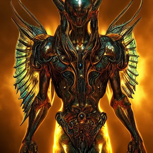 Image similar to photorealistic biblically accurate demonic alien archangel the style of michael whelan and gustave dore. hyperdetailed photorealism, 1 0 8 megapixels, amazing depth, glowing rich colors, powerful imagery, psychedelic overtones, 3 d finalrender, 3 d shading, cinematic lighting, artstation concept art