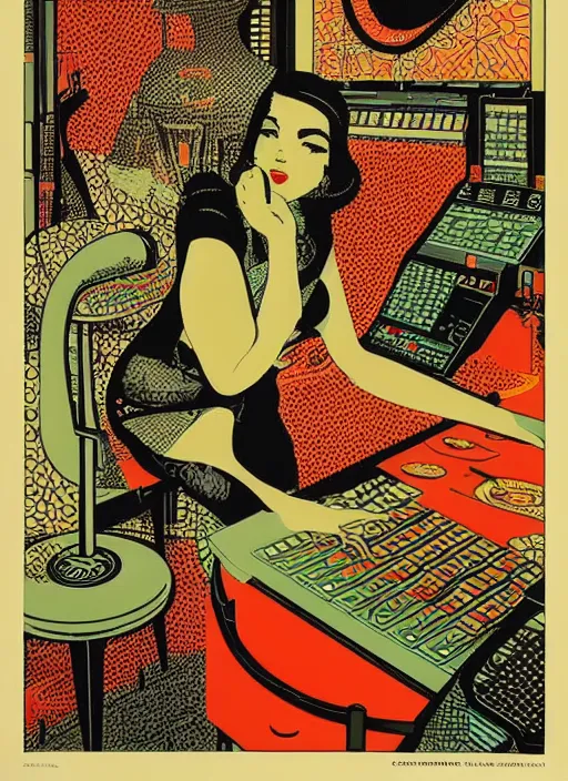 Image similar to A beat producer, screen print, art by Chuck Sperry, vintage 1960s print, minamilst