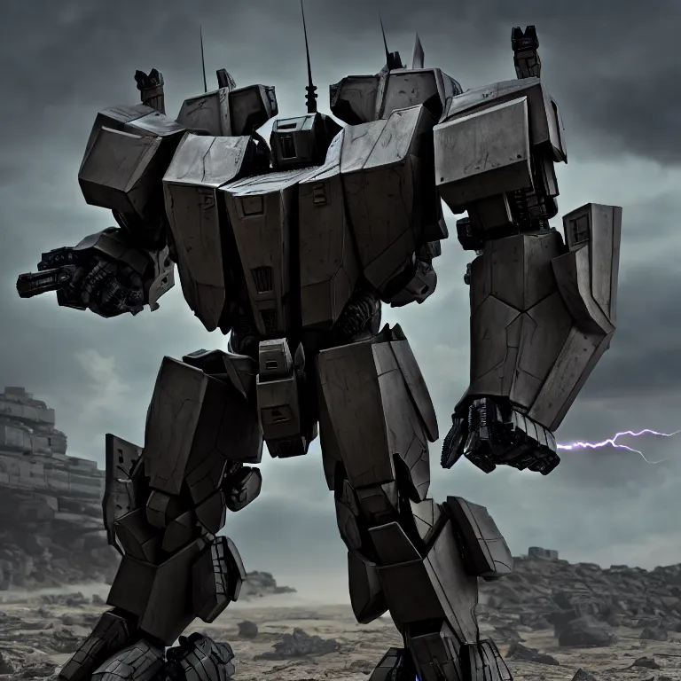 Image similar to hyper detailed 8 k cinematic still, rendering with volumetric lightning and ray tracing, show case of full body aggressive armored core, weathering armor plating, decipticon armor plating, aggressive head, endoekeleton exposure