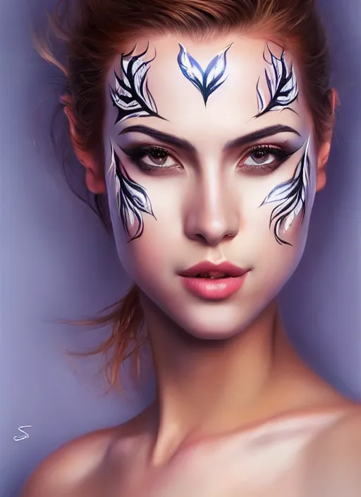 Image similar to full body photo of a gorgeous young woman in the style of stefan kostic, face painting, realistic, sharp focus, 8k high definition, insanely detailed, intricate, elegant, art by stanley lau and artgerm