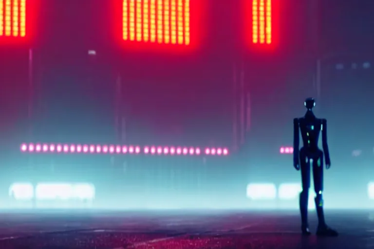 Prompt: film still of closeup sleek futuristic robot in blade runner 2 0 4 9, cinematic, moody, gritty neon noir by emmanuel lubezki