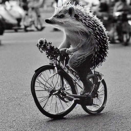 Image similar to a photo of a hedgehog riding a bicycle and wearing a top hat