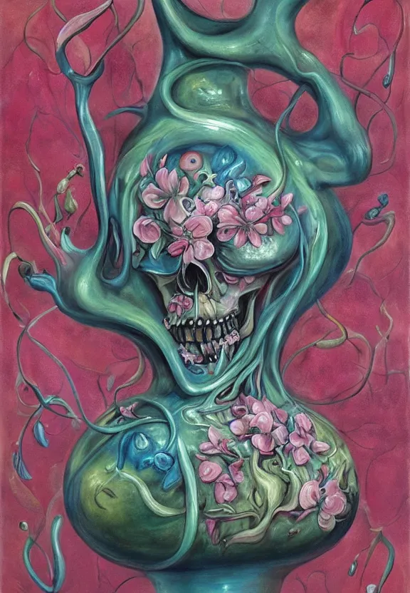 Image similar to a biomorphic painting of a vase with flowers and eyeballs in it, a surrealist painting by marco mazzoni, by dorothea tanning, pastel blues and pinks, lips, melting, plastic, skull, featured on artstation, metaphysical painting, oil on canvas, fluid acrylic pour art, airbrush art, seapunk, rococo, lovecraftian