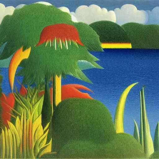 Prompt: Two Alicorns iwth rainbow wings flying over a lake, artwork by Henri Rousseau