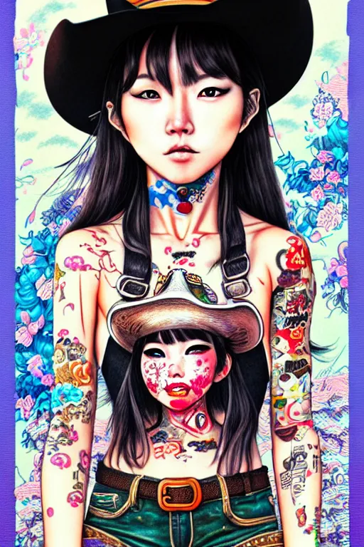 Image similar to full view of cowboy girl from taiwan with tattoos, wearing a cowboy hat, style of yoshii chie and hikari shimoda and martine johanna, highly detailed