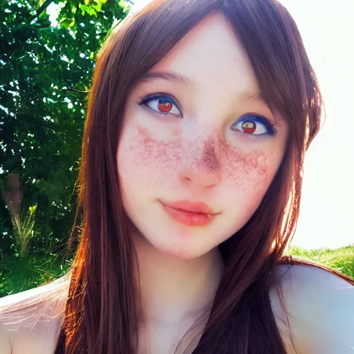 Image similar to Selfie photograph of Cute anime girl, long shiny bronze brown hair, green eyes, cute freckles, soft smile, golden hour, beach setting, medium shot, mid-shot, trending on Artstation,