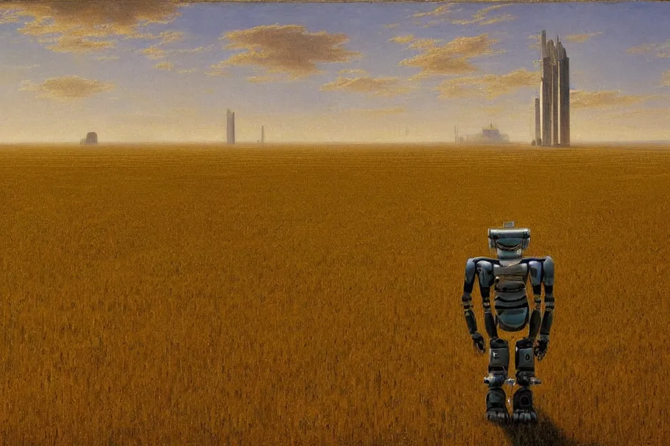 Image similar to sci-fi painting of a large alien city on the vast wheat fields, the closed back view of one humanoid robot on the ground, by Albert Bierstadt, godrays, detailed