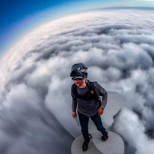 Image similar to walking around on clouds, GoPro, wide angle lens, high resolution 8k,