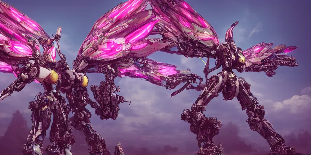 Image similar to a female mecha saints with huge feature wings flying in the fantasy forest by merriam, daniel, intricate mechanical details, futuristic, 2 k aesthetic, dramatic lighting, concept art, 4 k, 3 d octane render, pink and red collection, highly saturated colors, provenance, detailed, trending on artstation