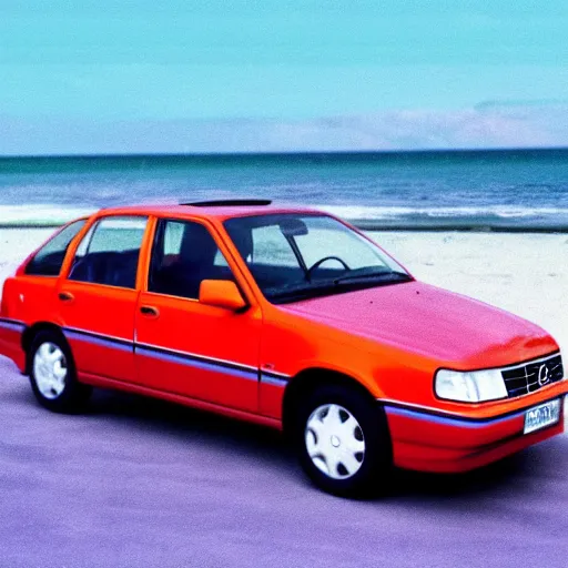 Image similar to vhs footage of a 1995 volvo car parked in the parking lot of a beach