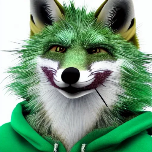 Image similar to close up of photorealistic green fox with green fur and magenta eyes, wearing a black hoodie, smoking weed