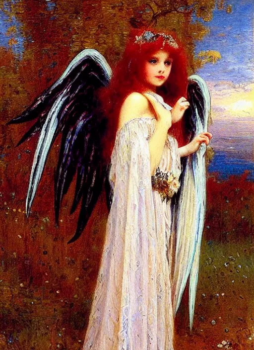 Image similar to angel knight gothic girl, baroque dress. by gaston bussiere
