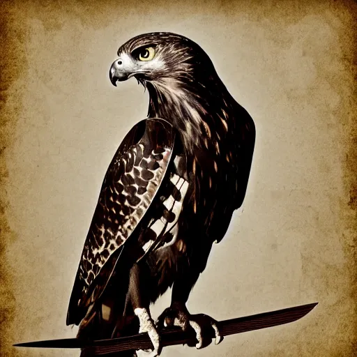 Prompt: an hawk holding a black cross shaped sword in his beak, digital art, 4 k, pirates of the caribbean style