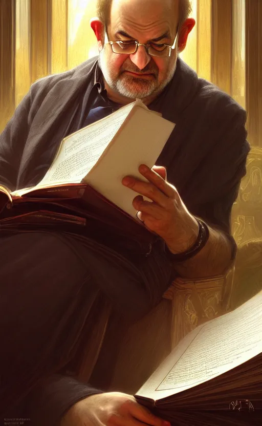 Prompt: portrait of salman rushdie reading, deep focus, d & d, fantasy, intricate, elegant, highly detailed, digital painting, artstation, concept art, matte, sharp focus, illustration, art by artgerm and greg rutkowski and alphonse mucha