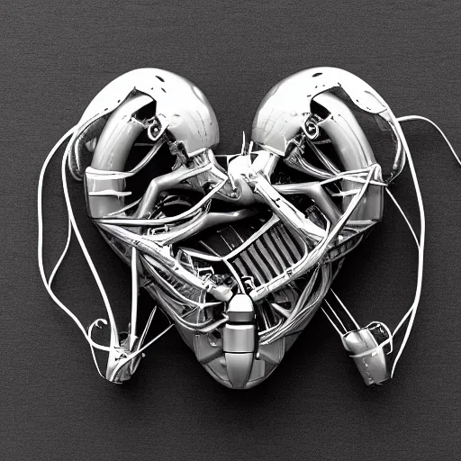 Prompt: an anatomically correct cybertronic human heart, biomechanical, made of metal, reflective