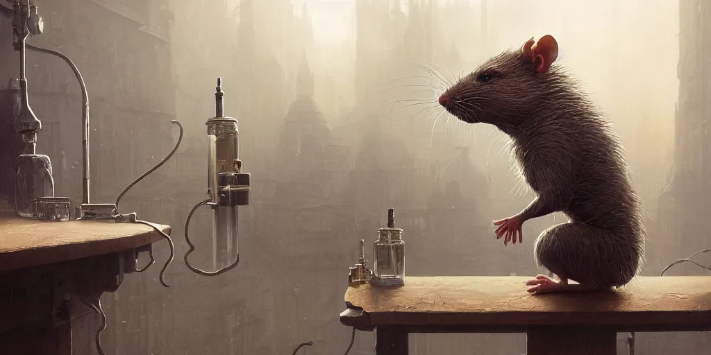 Image similar to highly realistic intricate rat standing on a desk in a laboratory with lots of flasks filled with magic liquids and poisonous fog, stephen bliss, unreal engine, fantasy art by greg rutkowski, loish, rhads, ferdinand knab, ilya kuvshinov, rossdraws, tom bagshaw, global illumination, radiant soft light, detailed and intricate environment