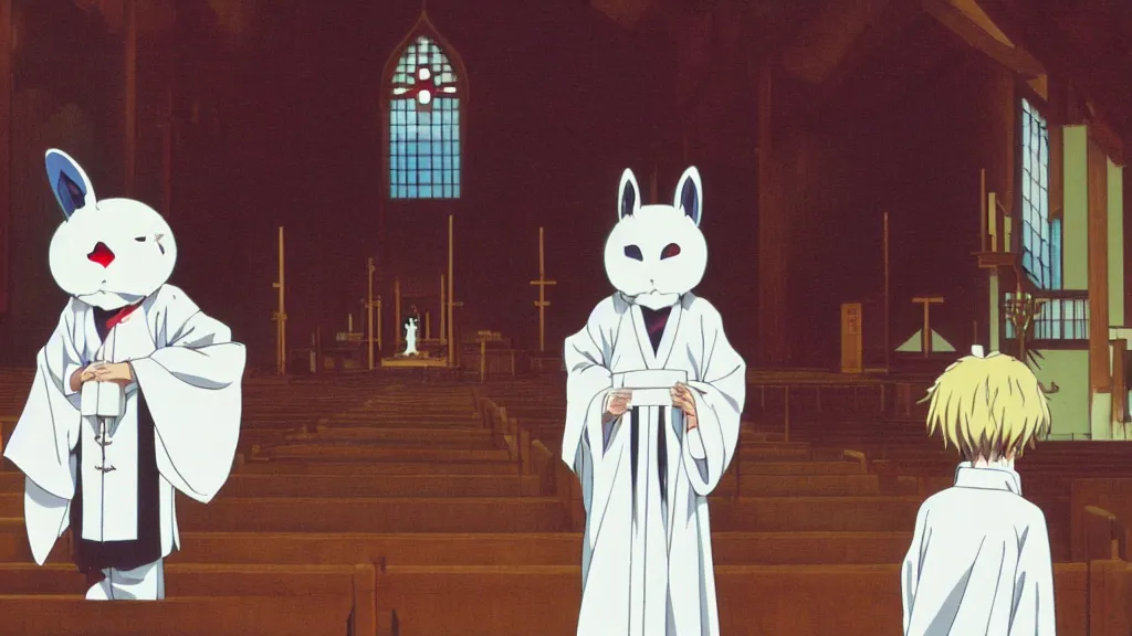 Image similar to a man wearing priest clothes and a white rabbit mask standing in an Japanese church, anime film still from the an anime directed by Katsuhiro Otomo with art direction by Salvador Dalí, wide lens