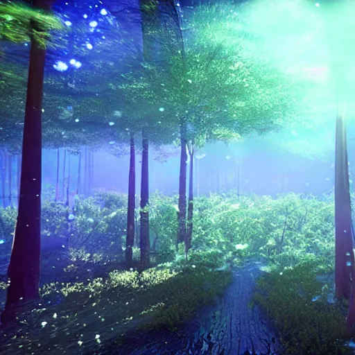 Prompt: an holographic forest floating in space, cinematic, beautiful, unreal engine 5, movie still