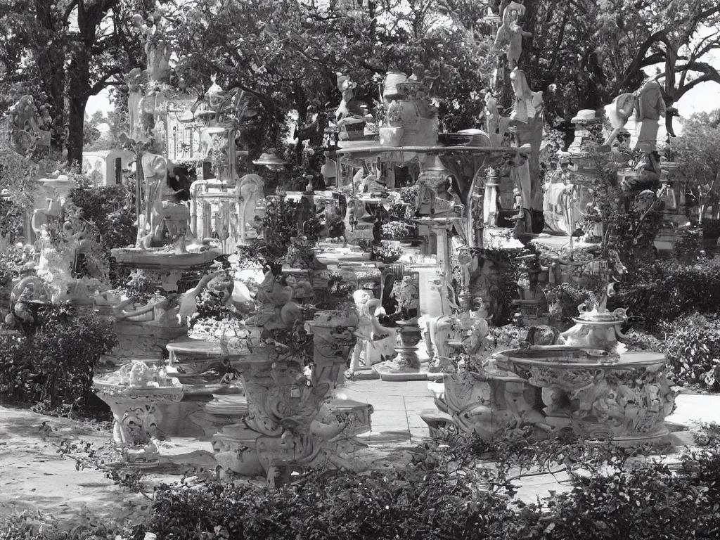 Image similar to Incredible ornate rich beefy gravy fountain in the gardens of the fried chicken mansion. Photograph from Booneville, Louisiana (1971)