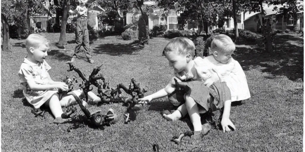 Image similar to two kids playing with lovecraftian toy in their front yard, 1 9 5 0 s picture