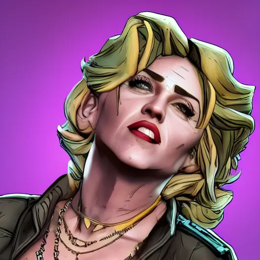 Image similar to madonna portrait, borderlands, tales from the borderlands, the wolf among us, comic, cinematic lighting, studio quality, 8 k