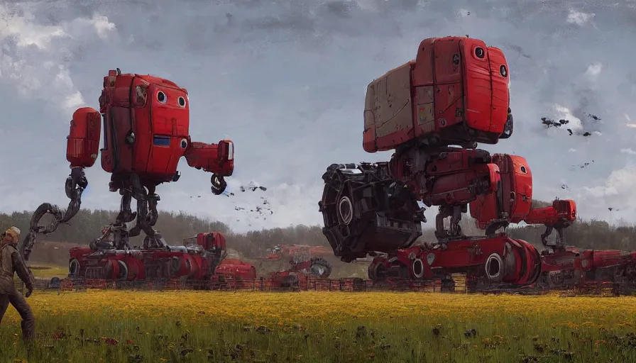 Prompt: a beautiful swedish farm with giant robots, art by jakub rozalski and simon stalenhag, realistic, hyperrealism 8 k resolution