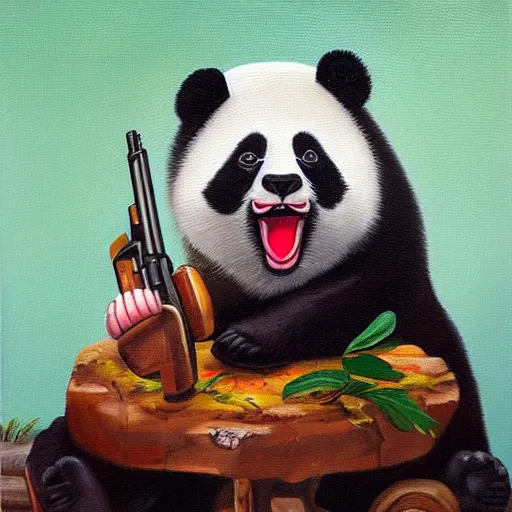 Prompt: an oil painting of a crying panda wearing overalls licking a shotgun