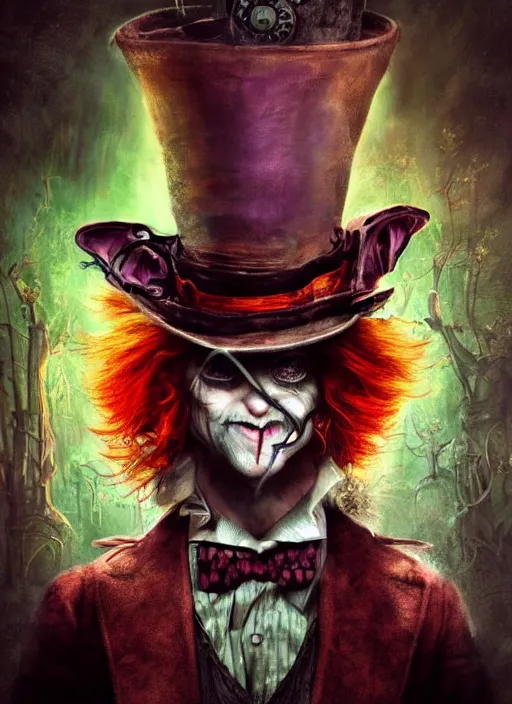 Image similar to mad hatter, angry, scary, cheeky, steampunk googles, highly detailed, cinematic, 8 k, by megan duncanson, benjamin lacombe, stanley artgermm, tom bagshaw, craig mullins, carne griffiths, ayami kojima, beksinski, giger, trending on deviantart, hyper detailed, horror, full of colour