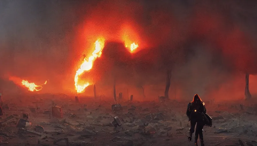 Image similar to woman with black hair and leather jacket walking away from explosion, lovecraftian hellscape, golden tenticles, soldiers and mech fight, simon stalenhag, 4 k, ultra detailed, explosions and smoke