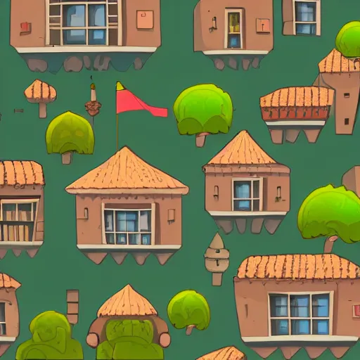 Image similar to A Spanish village. Vector design, Tileable horizontally, Symetric.