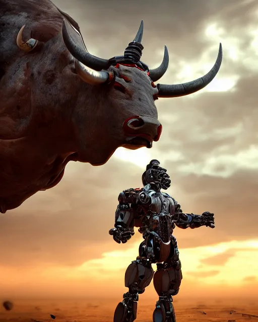 Image similar to a full body shot of a cyborg ( bull ) modeled after a bull looking into the camera, android, cyborg, full body shot, intricate, 3 d, hyper realism, fantasy, depth of field, octane render, symmetrical, highly detailed, digital art, artstation, concept art, cinematic lighting, trending