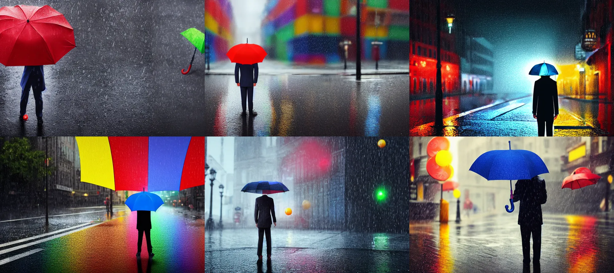 Prompt: a person standing on a street corner holding an umbrella, rain made of Skittles, hyper realism, detailed, 4K, cinematic light, low angle, soft bokeh, unreal engine