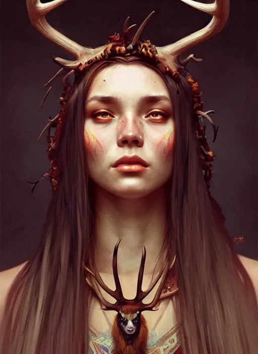 Image similar to portrait of shaman beautiful girl, intrigante, ¨ hedgear with antlers and bone parts, headshot, highly detailed, digital painting, artstation, concept art, sharp focus, cinematic lighting, illustration, art by artgerm and greg rutkowski, alphonse mucha, cgsociety