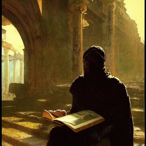 Image similar to half portait of magican wearing a cowl with big old book!, jeremy mann, jean leon gerome, tiepolo, alphonse mucha, greg rutkowski, face in the shadows, ( ( ruins of ancient rome ) ), at dusk, mysterious atmosphere, sunrays, dof, masterpiece, high detailed, 8 k