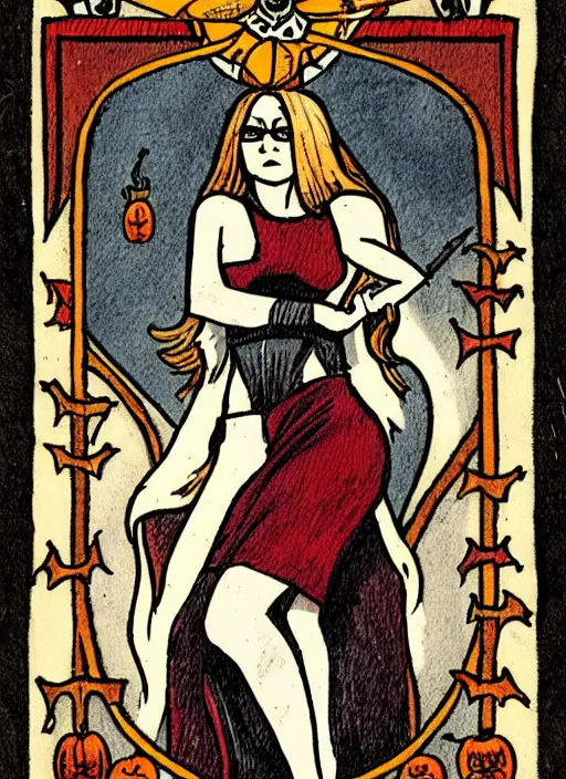 Prompt: a dark tarot card featuring border illustrations, text and a pale young woman, chubby, with long wavy red hair and trendy glasses standing in a room, incredibly detailed art, medieval, halloween