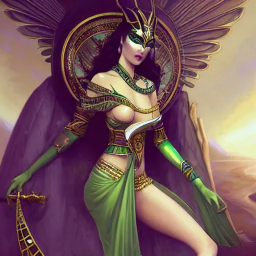 Prompt: beautiful sultry egyptian priestess wearing white dove wings, warframe armor, regal, attractive, ornate, sultry, pretty face, green eyes is represented by peter mohrbacher, art nouveau, landscape, cinematic